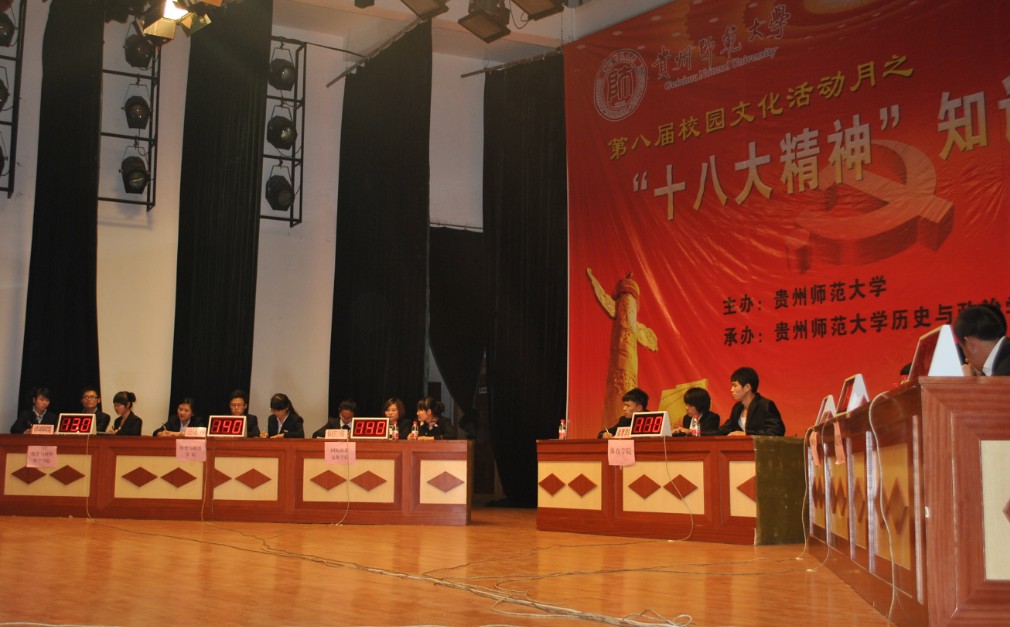 为了促使全校师生掀起学习宣传贯彻党的十八大精神的热潮。5月3日下午,由校团委主办、历史与政治学院承办的贵州师范大学第八届校园文化活动月之十八大精神知识竞赛在宝山校区大礼堂成功举行。来自全校19个学院派出的代表队参加比赛,我校400余名师生观看了比赛。 本次党的十八大精神知识竞赛分为网上知识竞赛和抢答赛。全校19个学院分成三组,每组前两名晋级决赛。在决赛现场,比赛环节分为个人必答题、集体必答题、抢答题和风险题。比赛的内容涵盖十八大报告,十八大修改后的《新党章》,十八届一中全会精神,习近平在《第十二届